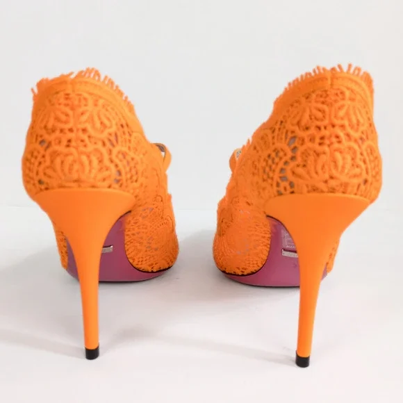 GUCCI Orange Virginia 95 mm Lace Pumps Mary Jane Pointed Toe Women's EU 37 US 7 - Picture 5 of 11